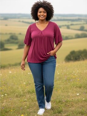 Bloom Chic Plus-Size V-Neck Flutter Sleeve Top-Size 14/16
